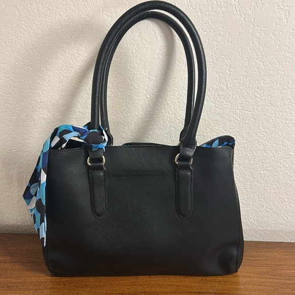 TRINA TURK BLACK VEGAN SHOULDER BAG BLUE BLACK DOT INTERIOR WITH BAG SCARF - Picture 14 of 16